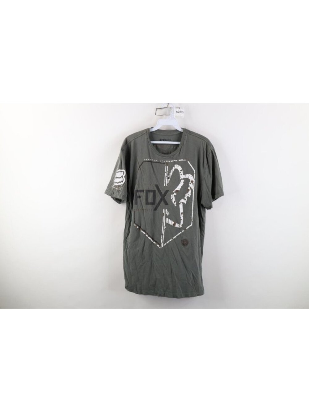 Vintage Y2K Fox Racing Mens Small All Over Print Motorcycle T-Shirt Green Gray